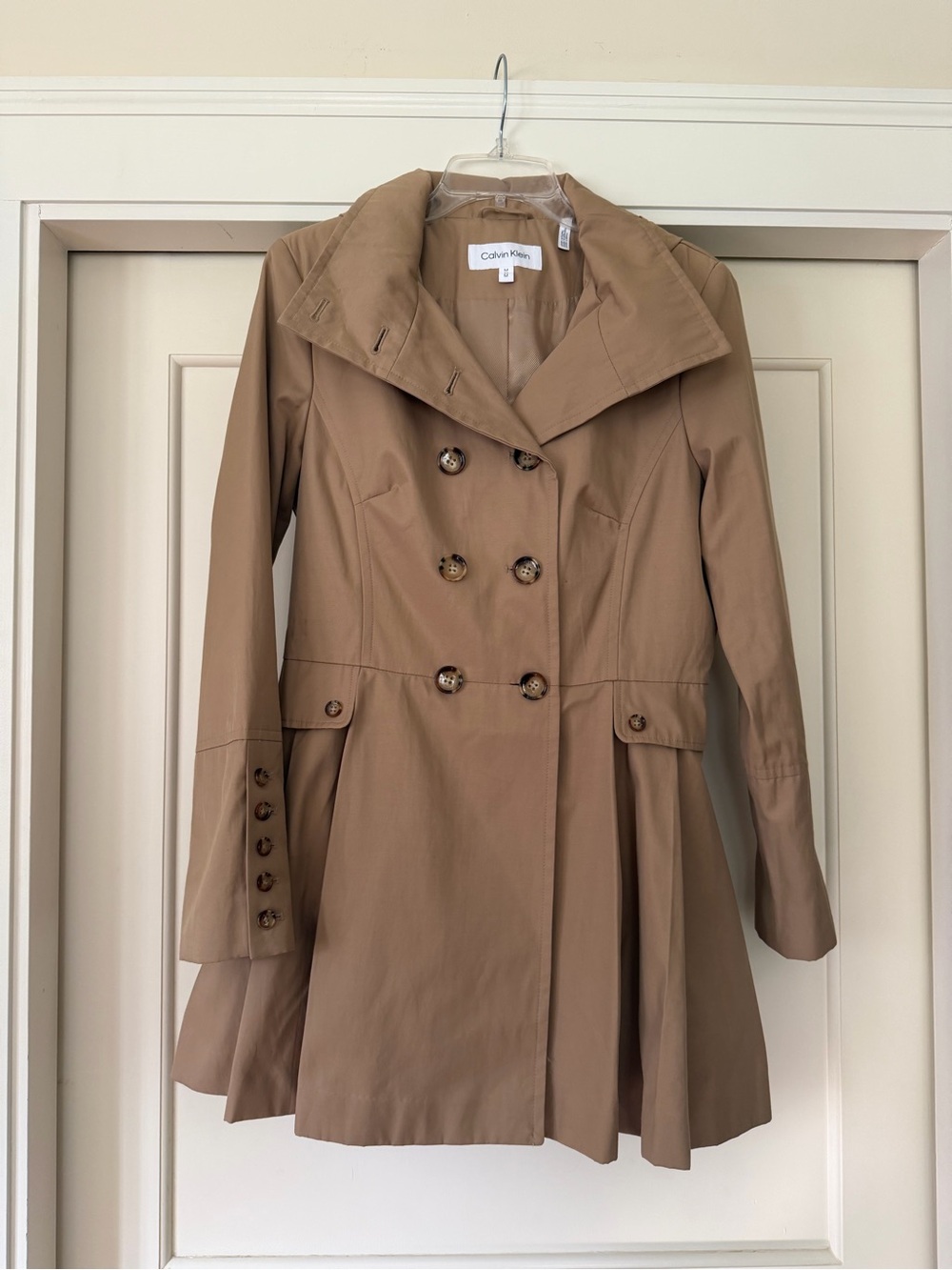 Calvin Klein Khaki Double Breasted Hooded Pleated Trench Coat, Size M